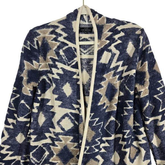 Lucky Brand Sweater Womens Small Navy Aztec Open Fringe Cardigan Boho Cozy Soft - Picture 2 of 11